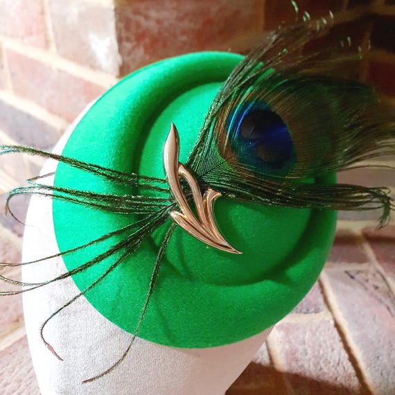 Green Peacock Feather Pillbox Fascinator: Vintage Style Mini  display picture 1
