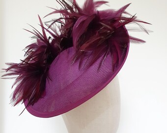 Burgundy Feather Hatinator: Oxblood Plum Wedding Headwear UK