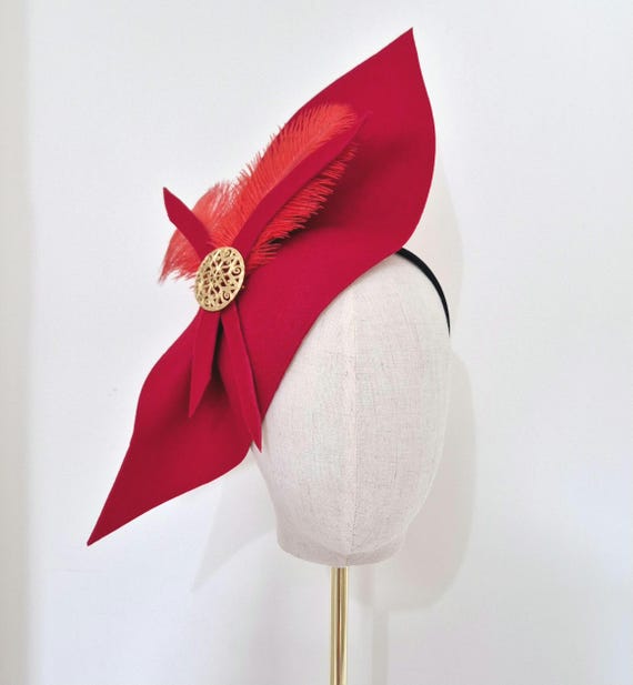 Vintage 50s Red Tilt Hat Feather Cocktail Fascinator Wool Felt Headpiece Wine Red Fascinator Hat With Veil for Wedding, 1950s Style  main image 4