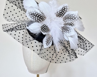 Black, White & Green Feather Floral Polka Dot Fascinator Polka Dot Feather Fascinator: Green Tea Party Derby Hat - Etsy main image 4