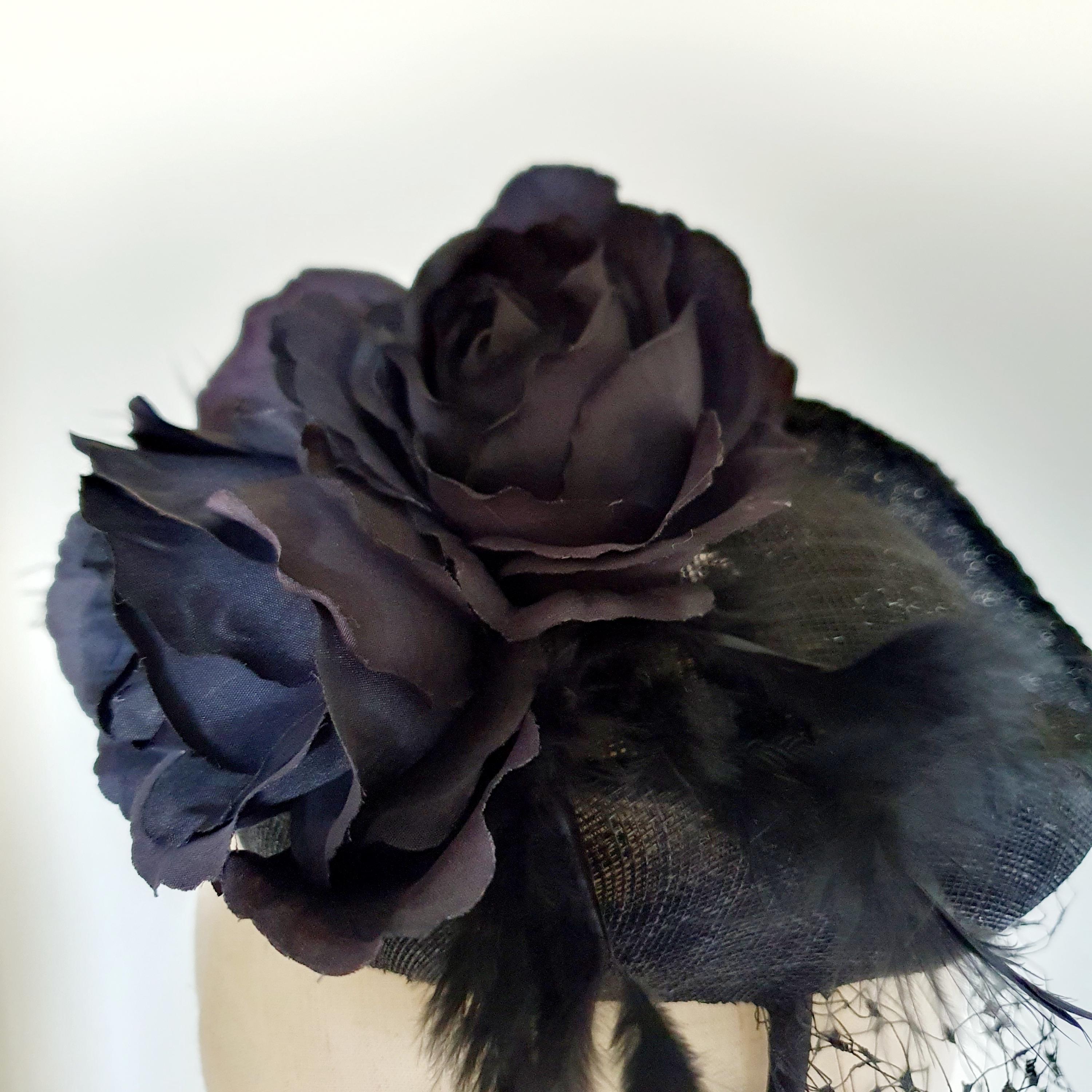 Vintage Black Wool Pillbox Hat Birdcage Veil Satin Rose 1960s Event Made in USA Black Felt Pillbox Hat with Birdcage Veil and Silk Bow - CLEO main image 4