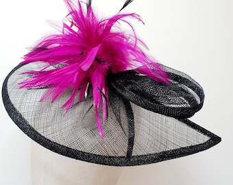 Fuchsia Pink Black Feathers Hatinator Fascinator Weddings Special Occasion Racing