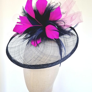 Navy Blue Fuchsia Pink Feathers Large Statement Fascinator Hatinator Wedding Special Occasion Racing