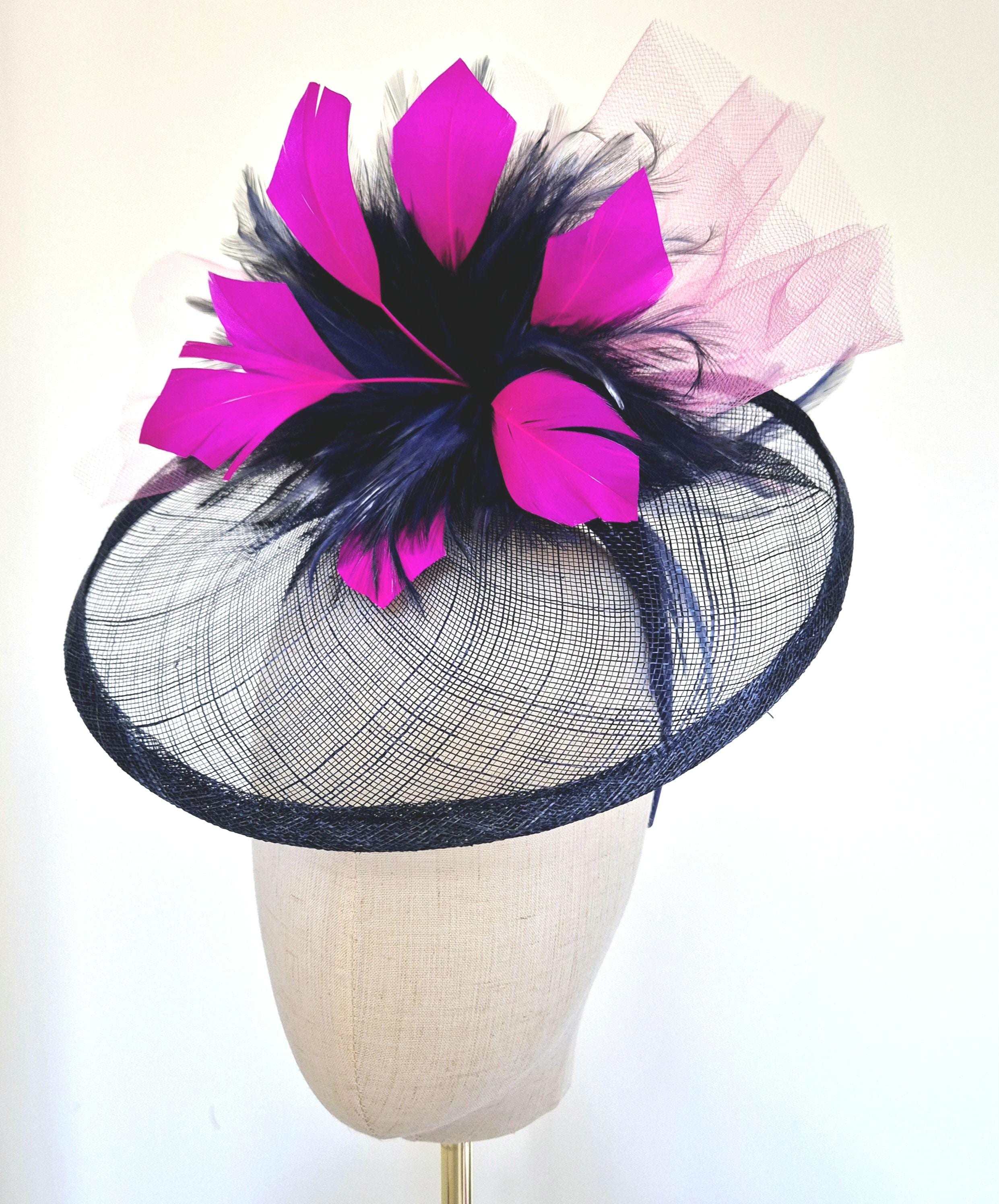 Navy and Fuchsia Feather Fascinator with Veil Caprilite UK Online | Caprilite Sinamay Navy Blue and  main image 4