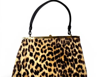 1960s Leopard Calf Hair Handbag with Tortoiseshell Frame and Leather Handle