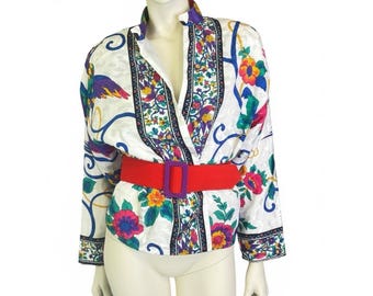 Jahrgang. 80er Jahre Jacquard Statement Jacke mit lebhaftem Vogelmotiv und Blumenmuster
