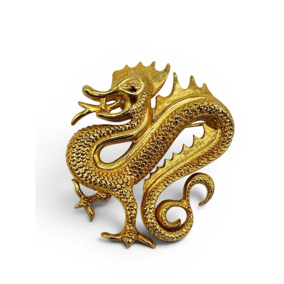 Vintage Gold Tone Dragon Brooch | Asian Dragon Pin | Mythical Statement Jewelry