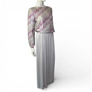 Vestido largo y falda maxi con top y falda larga de lentejuelas rosa y plateadas estilo años 70 de Malcom Starr, talla M