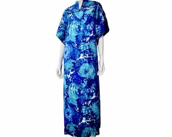 Vintage 60s Lauhala Hawaiian Maxi Dress, Blue Tropical Floral Print, S