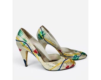 Carlos Fiori 80s Designer Statement Sliver Snakeskin Multicolor Pointed Pumps 7