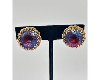 Vintage Stunning Large Blue and Purple Glass Earrings with Ornate Prong Setting