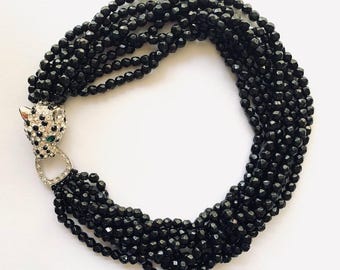 Kenneth Jay Lane Crystal Rhinestone Panther Torsade Necklace with Black Beads