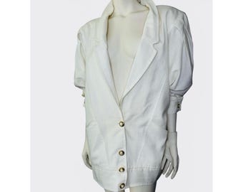 Vintage jaren 80 oversized linnen blazer met dramatisch gestructureerde pofmouwen