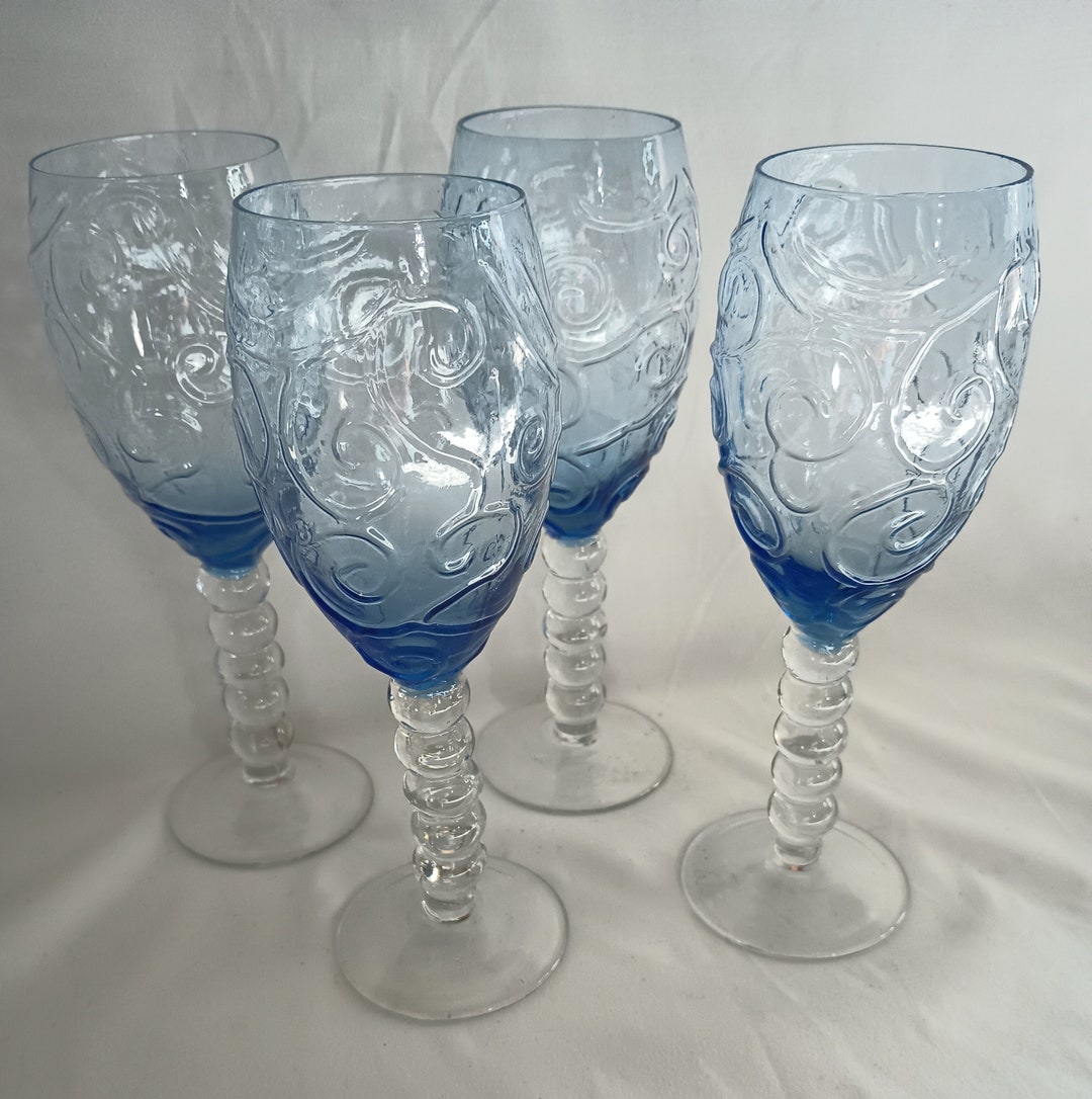 4 Blue Goblet Clear Bubble Stem Wine Glass Set of 4 Etsy