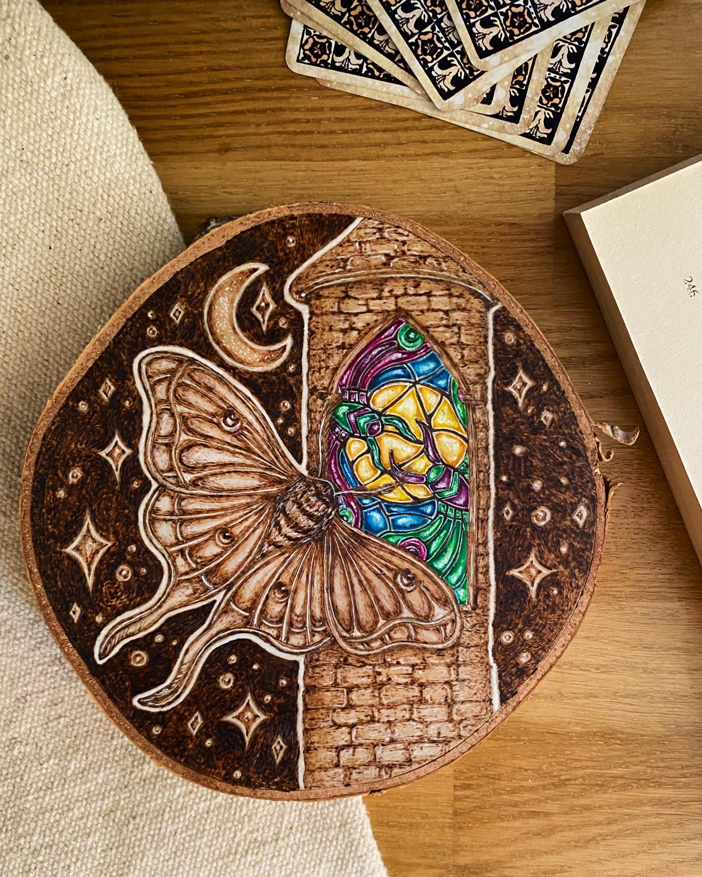 Luna Moth Stained Glass Wood Slice: Pyrography Watercolor Wall Art - Etsy