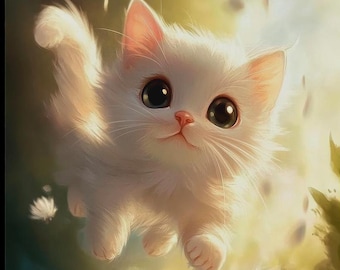 Flying White Kitty Cat Anime Poster: Kawaii Wall Art