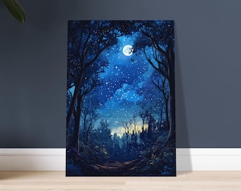 Lunar Forest - Anime Night Sky Poster Illustration, Dreamy Starry Landscape Art Print