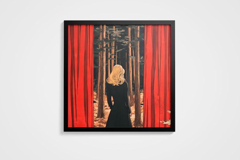 May include: A woman with blonde hair stands in a dark forest, looking out at the viewer. She is wearing a black dress and is framed by two red curtains.