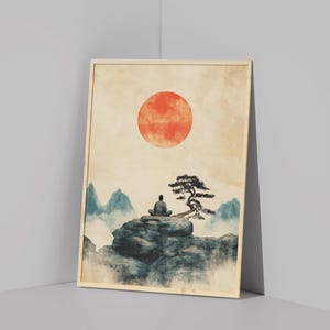 May include: A watercolor painting of a person sitting in meditation on a rock with a large red sun in the sky and a small pine tree growing on the rock. The background is a misty mountain range.