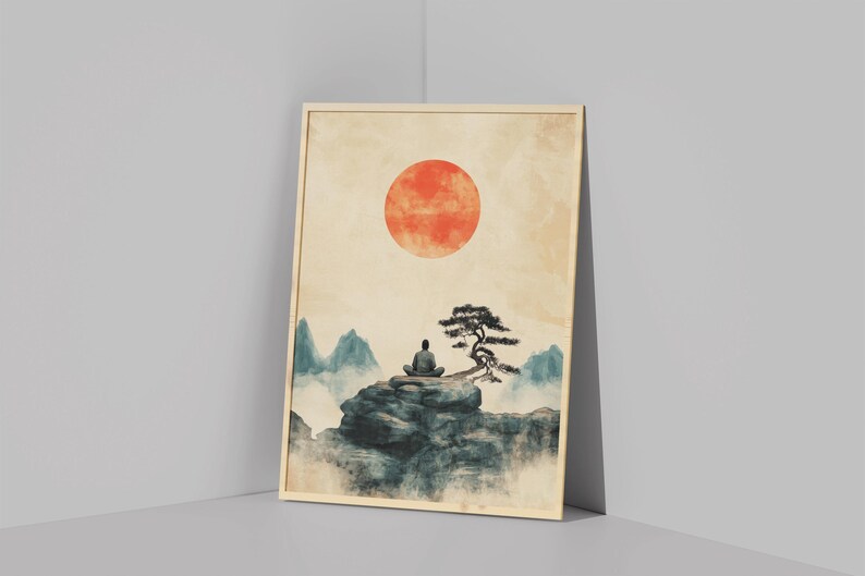 May include: A watercolor painting of a person sitting in meditation on a rock with a large red sun in the sky and a small pine tree growing on the rock. The background is a misty mountain range.