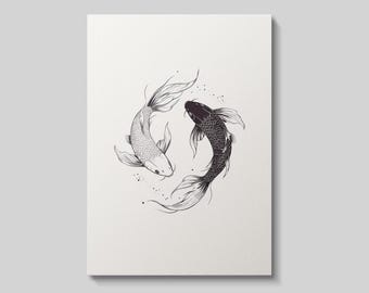 Koi Fish Yin Yang Art Print: Zen Minimalist Line Art Poster