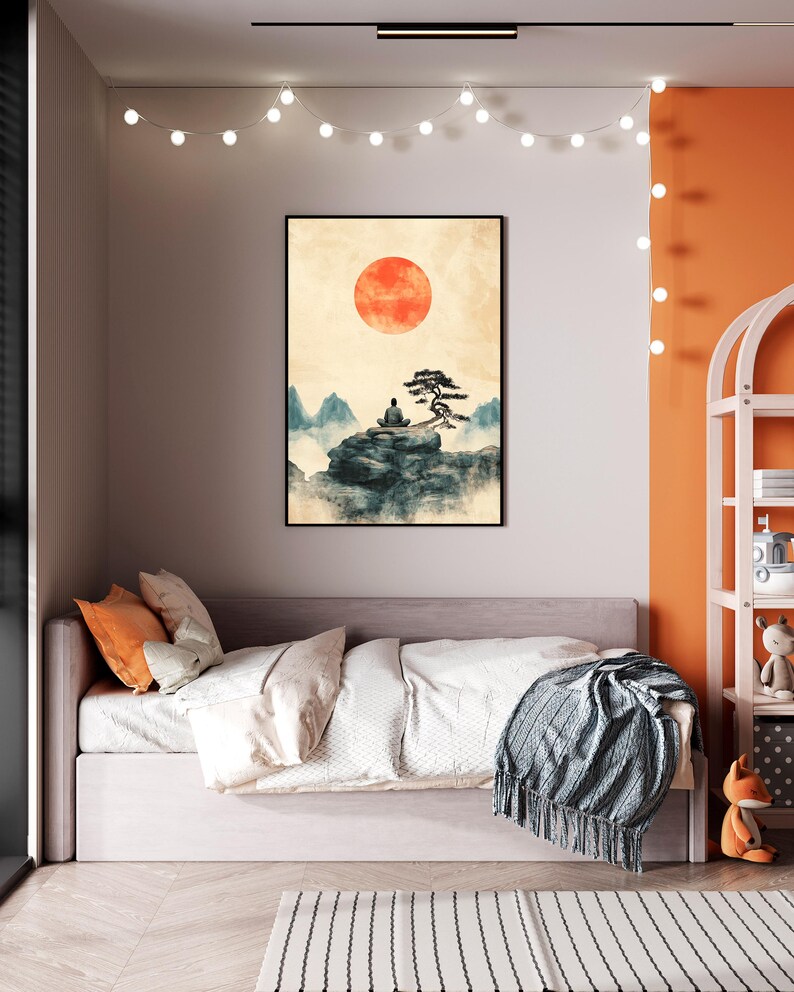 May include: A watercolor painting of a person meditating on a rock with a tree and a large red sun in the background. The painting is framed and hanging on a wall in a bedroom.