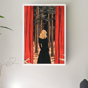 May include: A painting of a woman in a black dress standing in a forest. She is facing away from the viewer and has long blonde hair. The forest is dark and mysterious, and the woman is surrounded by tall trees. The painting is framed in a white frame.