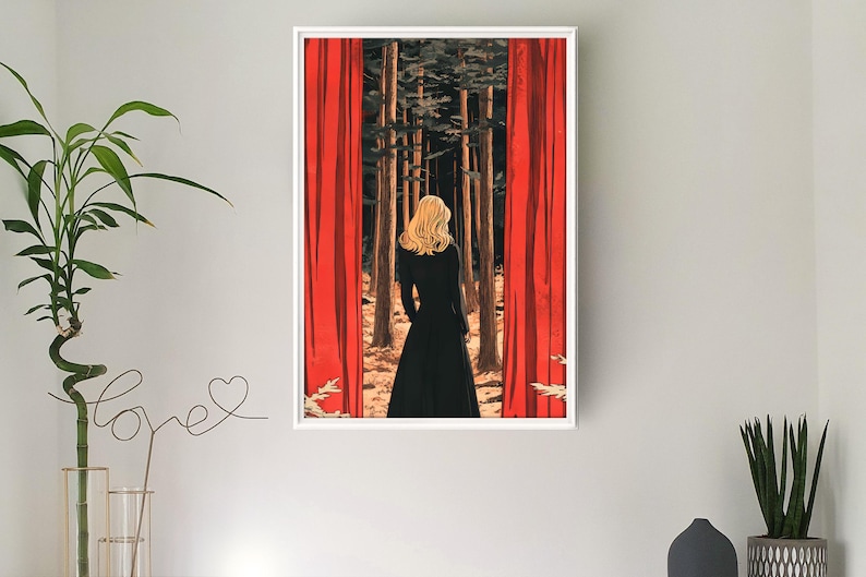 May include: A painting of a woman in a black dress standing in a forest. She is facing away from the viewer and has long blonde hair. The forest is dark and mysterious, and the woman is surrounded by tall trees. The painting is framed in a white frame.