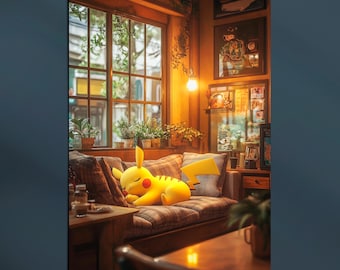 Pikachu Poster Print: Retro Anime Japanese Cafe Art