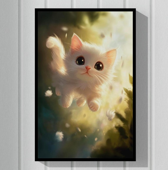 Flying White Kitty Cat Anime Poster: Kawaii Wall Art