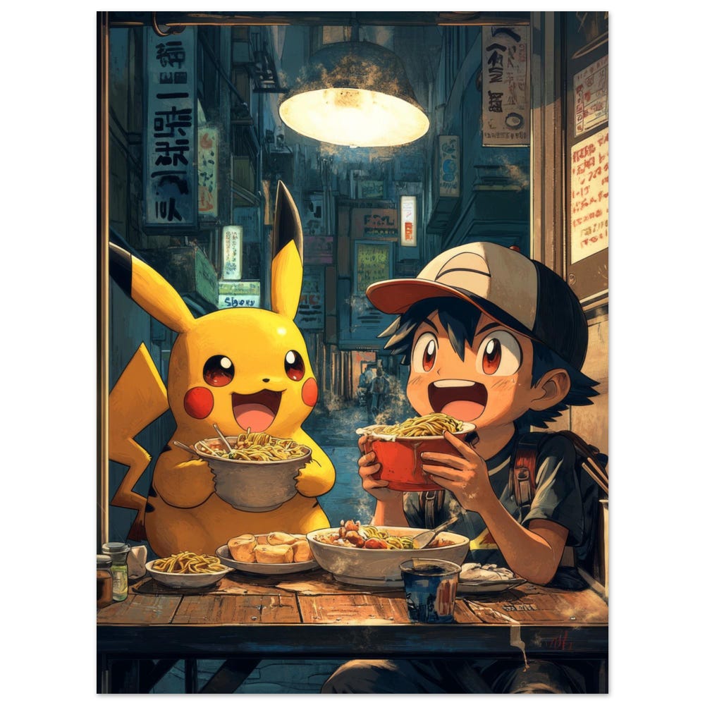 Pikachu And Ash At The Ramen Shop - Pokemon Poster Fan Art - Premium Printed Poster Bespoketshirt Collections