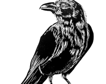 Raven Linocut, hand carved, Corvids, Gothic crown art