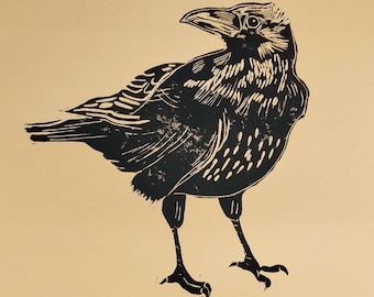 Raven Linocut, handmade artwork crow, gothic bird, raven block print. Corvid art, unique gift, affordable art, not digital.
