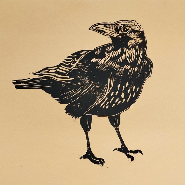 Raven Linocut, handmade artwork crow, gothic bird