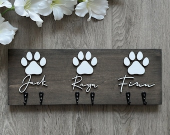 Custom Hook Wood Sign |  Dog Leash Holder for 3 Dogs | Personalized Hooks | Gift for Dog Lover | Towel hooks Name Paw | Key Holder Rack