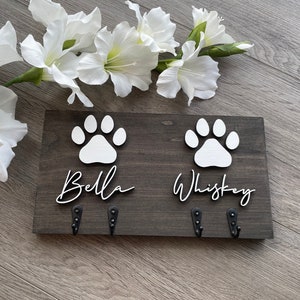 Custom Hook Wood Sign |  Dog Leash Holder for 2 Dogs | Personalized Hooks | Gift for Dog Lover | Towel hooks Name Paw | Key Holder Rack