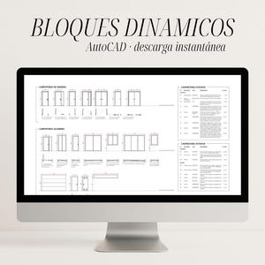 May include: A computer monitor displaying a digital architectural document titled BLOQUES DINAMICOS AutoCAD. The screen shows technical drawings of wooden and aluminum carpentry, including door and window schematics with dimensions and data tables.