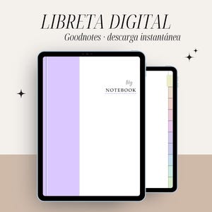 Könnte beinhalten: Eine digitale Notizbuchvorlage für die Goodnotes-App. Die Vorlage hat einen lilafarbenen Umschlag mit dem Text "My Notebook" auf der Vorderseite. Die Vorlage enthält auch eine Seitenleiste mit bunten Registerkarten.