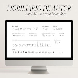 May include: A computer monitor displaying a digital catalog titled MOBILIARIO DE AUTOR AutoCAD · descarga instantánea. The screen shows a collection of black and white line drawings of furniture designs categorized by various famous designers.