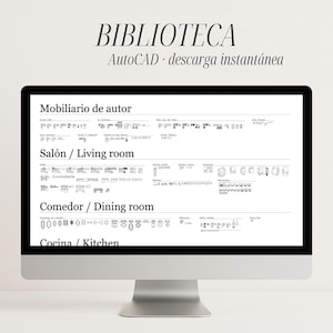 May include: A computer monitor displaying a digital library of AutoCAD furniture blocks. The screen shows categorized sections labeled Mobiliario de autor, Salón / Living room, Comedor / Dining room, and Cocina / Kitchen with various technical line drawings.