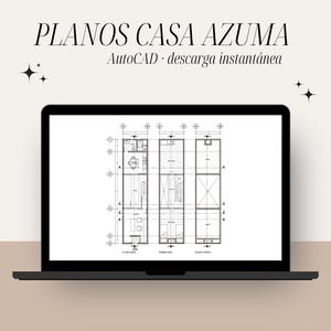 Peut inclure: Un écran d'ordinateur portable affichant trois plans d'étage étiquetés "Planta Baja", "Segundo Nivel" et "Planta Alta". Le texte "PLANOS CASA AZUMA AutoCAD - descarga instantánea" est affiché au-dessus de l'écran de l'ordinateur portable.