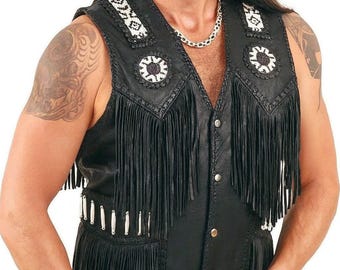 Gilet da cowboy in pelle fatto a mano con perline e frange morbide / Stile western da motociclista