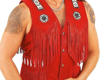 Men’s Red Cowboy Leather Fringe Vest Western Suede Waistcoat with Beads