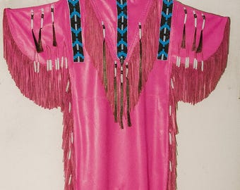 Native American Beaded Leather Dress Hot Pink Powwow Regalia Fringe Wear