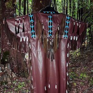 Women&#39;s Handmade Brown Leather Long Fringes Beaded Wedding Dress Powwow Regalia