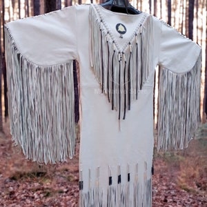 Handmade Womens white leather fringes beaded pawwow Regalia wedding Dress