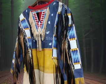 Oude stijl handgemaakte Native American Buckskin kralen franjes Powwow Regalia mannen Red Cloud's War Shirt