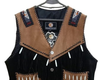 Western Cowboy Suede Brown Black Leather Beaded Vest with Soft Fringes and Bones, Men's Western Wear