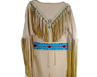 Tan Leather Fringed Powwow Wedding Dress: Handmade Beaded Regalia
