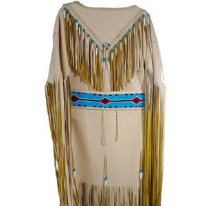 Tan Leather Fringed Powwow Wedding Dress: Handmade Beaded Regalia